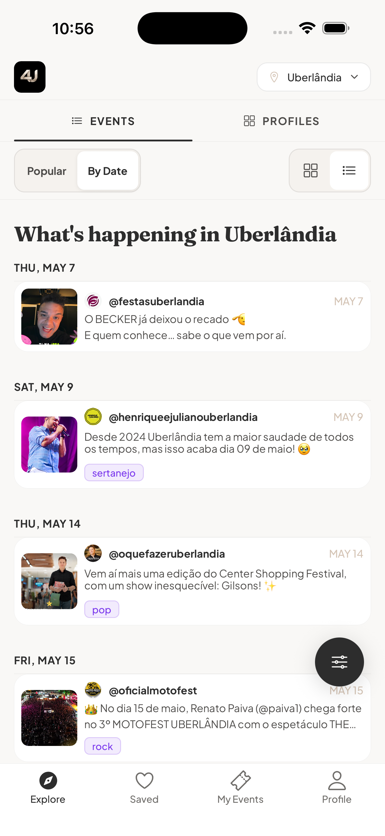 n4u mobile events list for Uberlandia